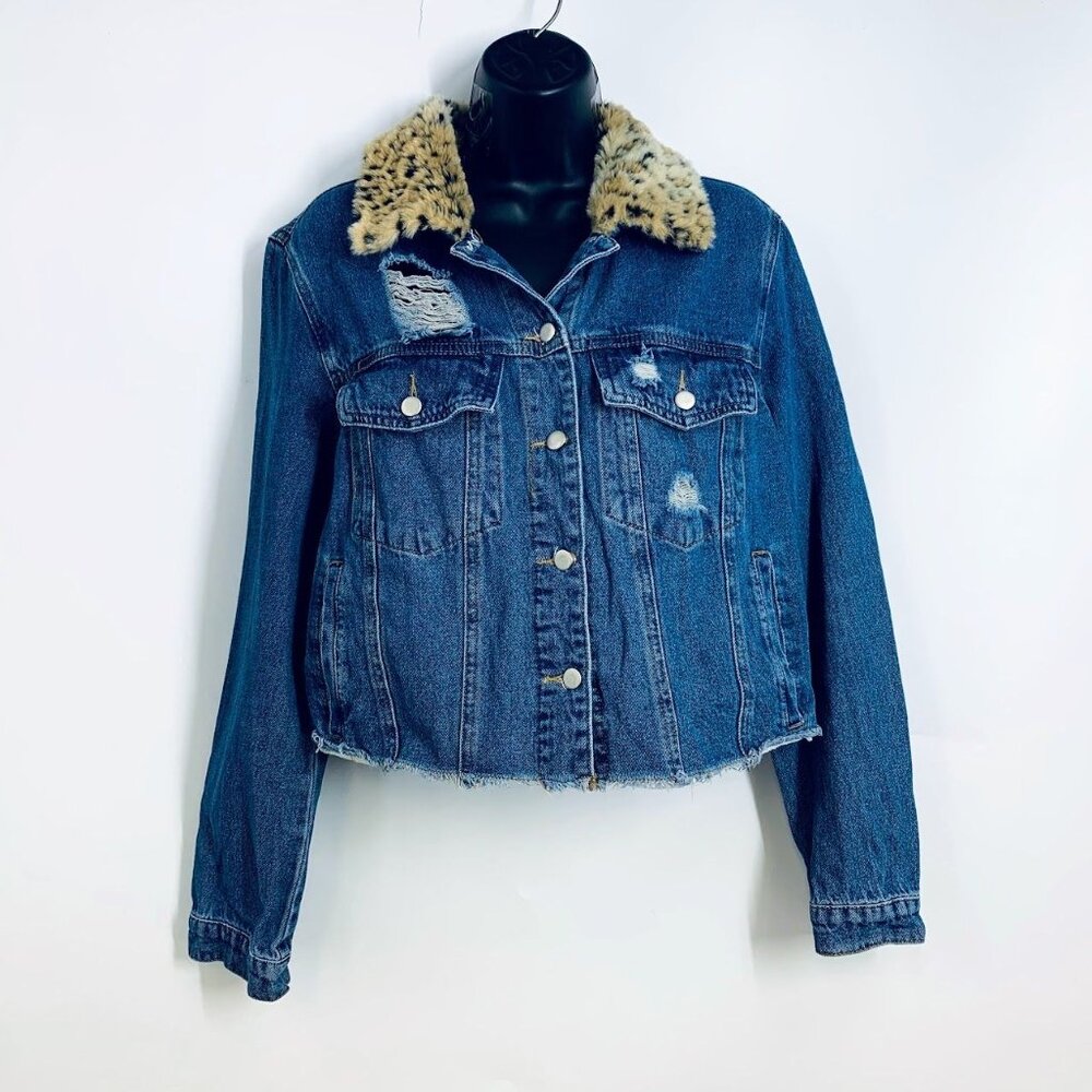 Honey Punch Women's Animal Print Collar Cotton Cropped Jean Jacket Size L